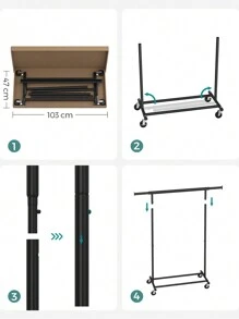 SONGMICS Clothes Rack On Wheels, Heavy Duty Clothes Rail, With Extendable Hanging Rail, 90 Kg Load Capacity, Easy Assembly, Portable, Black - Black - View 6