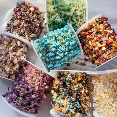 100cm Retro Colorful Stone Beaded Chain Necklace/Bracelet Making Supplies, Made Of 14k Gold Plated Copper, With Natural Stone