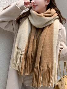 1 件女款人造羊絨雙面拼色流蘇圍巾披肩,柔軟舒適,適合日常使用和情侶圍巾 - 卡其色 - 查看 1