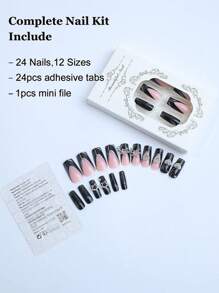 24入組長方形膠貼式美甲，蝴蝶法式假指甲，設計鑲嵌鑽石裝飾，黑色指甲，含1片凝膠膠和1片指甲文件 - 彩色 - 查看 3