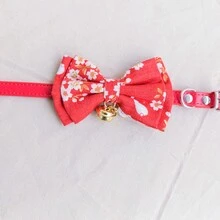 可調整2入組寵物風格頭巾領巾,配鈴鐺和帶蝴蝶結的pu皮革項圈,為財富豐盈祈福 - 紅色 - 查看 3