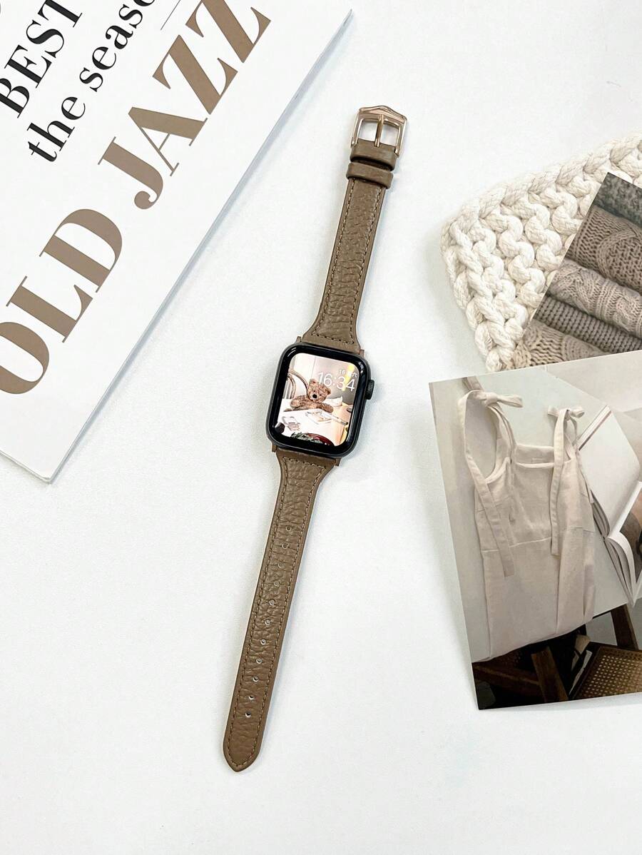 1入組荔枝紋路頂級牛皮拼接手帶，適用於Apple Watch Ultra/Se/8/7/6/5/4/3/2/1，適用於38/40/41/42/44/45/49mm - 咖啡 - 查看 1