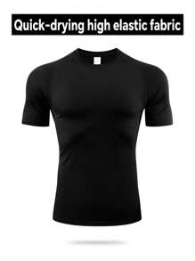 [Spring/Summer] 1pc Compression Short Sleeve Tight Fitness Top For Men, Core Training Undershirt - Black - View 1