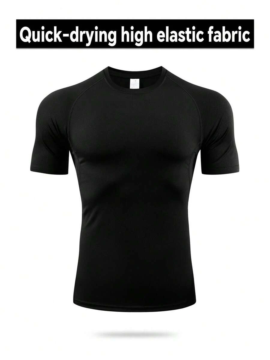 [Spring/Summer] 1pc Compression Short Sleeve Tight Fitness Top For Men, Core Training Undershirt - Black - View 1