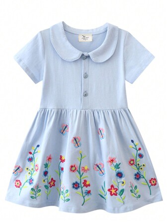 Young Girl Summer New Flower Embroidery Detail Peter Pan Collar Short Sleeve Dress