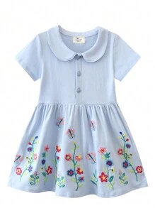 少女夏季新款花卉刺繡細節彼得潘襯衫短袖連衣裙 - 淺藍色 - 查看 3