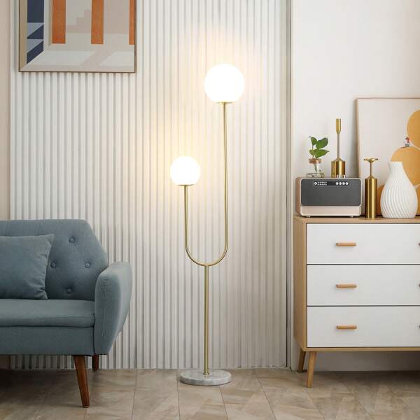 HOMCOM HOMCOM Lampadaire métal Lampadaire sur pied salon doré avec 2 Têtes abat-jours globe blanc verre dépoli - 25W - 33 x 25 x 155,5 cm