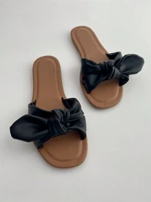女士平底蝴蝶结凉鞋，个性化时尚复古度假外穿通勤简约皮革穆勒拖鞋 - 棕色 - 查看 6
