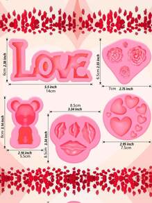 5入組情人節主題熊、唇、愛、英文字母、玫瑰組合矽膠樹脂模具,適用於手工巧克力、糖霜、泥糰、蛋糕裝飾 - 粉色 - 查看 2