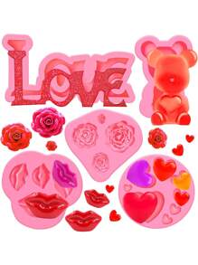 5入組情人節主題熊、唇、愛、英文字母、玫瑰組合矽膠樹脂模具,適用於手工巧克力、糖霜、泥糰、蛋糕裝飾 - 粉色 - 查看 1