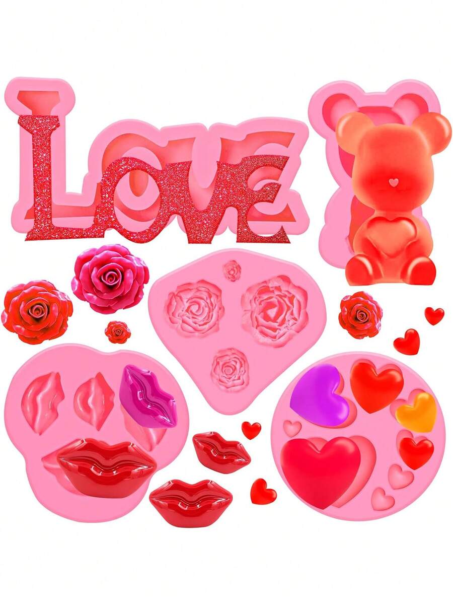 5入組情人節主題熊、唇、愛、英文字母、玫瑰組合矽膠樹脂模具,適用於手工巧克力、糖霜、泥糰、蛋糕裝飾 - 粉色 - 查看 1