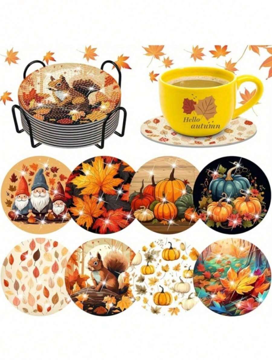 8pcs Diamond Painting Coasters Set With Iron Rack, Diy Diamond Art Coasters Kit Suitable For Beginners And Adults, Small Art And Crafts Supplies - Multicolor - View 1
