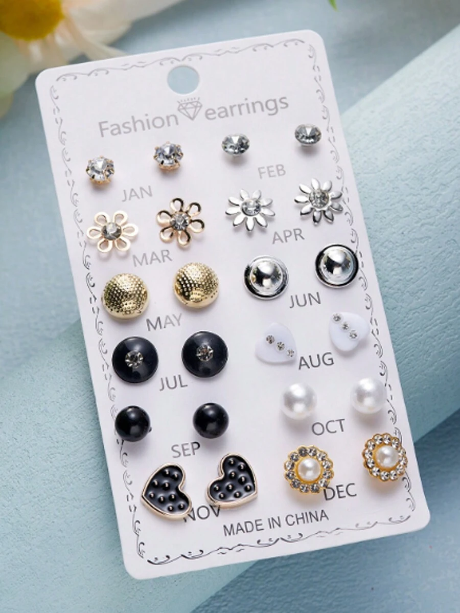 12對/組花心太陽星星設計耳針套裝,合金亞克力迷你簡約耳針套裝 - 彩色 - 查看 1
