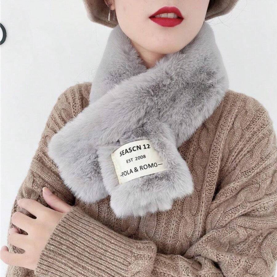 Women's Cross Wrap Plush Scarf With Detachable Fur Collar, Thick Winter Warm Neck Warmer - Grey - View 1