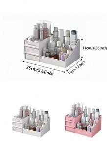 1pc White/Pink Double Layer Jewelry & Cosmetic Organizer Box With Lipstick Grid - White - View 2