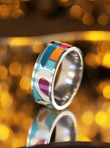 1 件时尚不锈钢彩绘戒指，百搭戒指，男女情人节礼物，妈妈，母亲，母亲节，礼物 - A40 - 查看 10