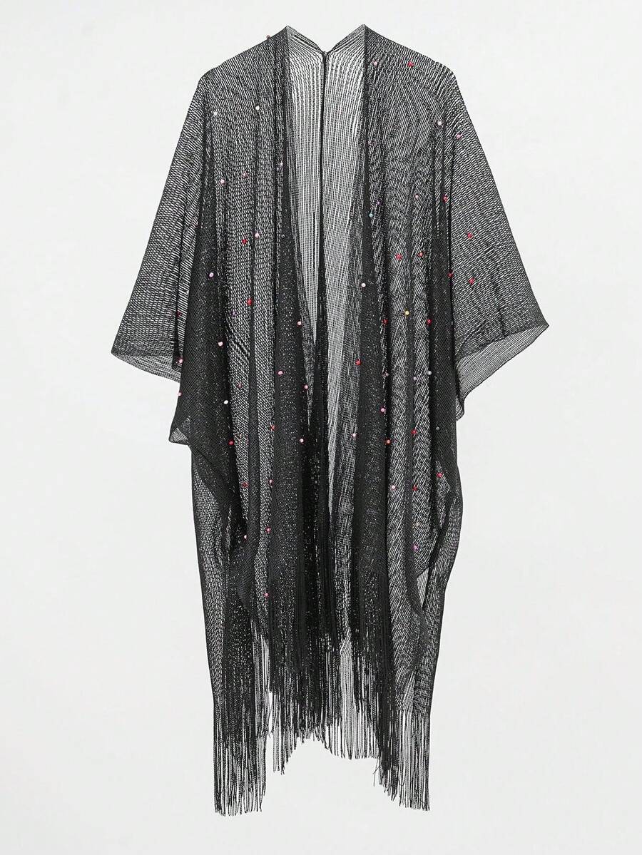 1pc Random Color Pearl Fringe & Gold Thread Anti-Uv Solid Color Cape Shawl For Ladies Beach Vacation - Multicolor - View 1
