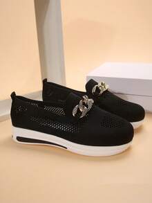 Women's Breathable Hollow Out Athletic Walking Shoes With Chain Decoration, Lightweight And Comfortable - Black - View 4
