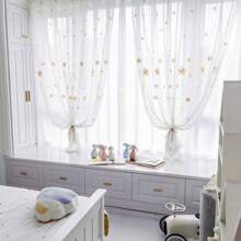 1PC Starry Smiling Face Embroidered Sheer Curtains Kids