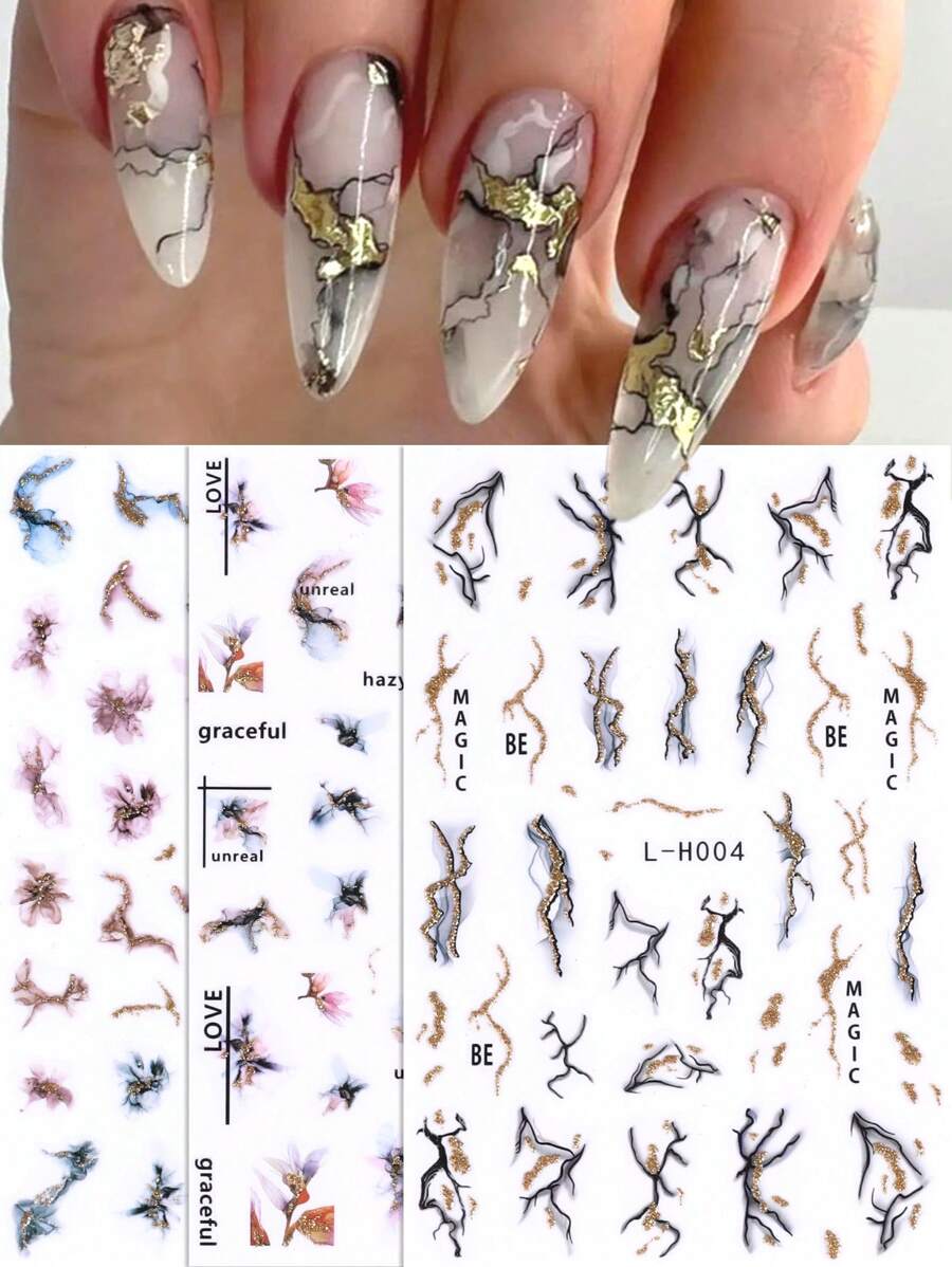 金色閃爍大理石指甲貼紙3入組,彩色漸變綻放花卉圖案黑色閃電條紋線條3d自粘滑塊美甲藝術裝飾 - 彩色 - 查看 1