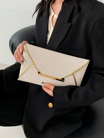 1 件纯色 PU 方形编织纹理信封手拿包，简约优雅的女士手提包，节日礼物