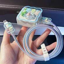 4pcs/Set Transparent Blue Cartoon Flowers Charging Protector Set Compatible With IPhone - Clear - View 3