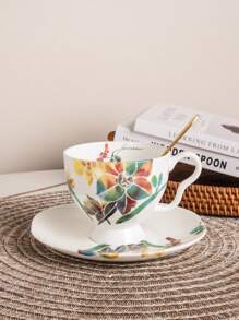 1pc Ceramic Cup And Saucer Set With Colorful Orchid Design, Suitable For Home, Club, And Coffee Shop Use - Multicolor - View 1