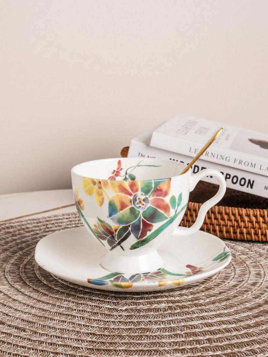 1pc Ceramic Cup And Saucer Set With Colorful Orchid Design, Suitable For Home, Club, And Coffee Shop Use - Multicolor - View 1