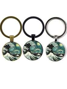 3pcs/Set Creative Keychain Printed With Waves Design, Comes In Black, Antique Bronze And Silver, Great Gift For Teachers, Lovers, Friends And Family - Multicolor - View 2