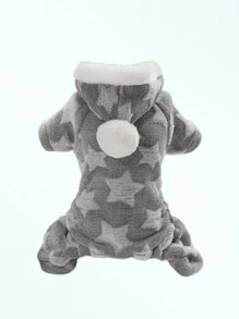 1pc Cat & Dog Coral Fleece Star Hooded Jumpsuit, Thickened And Warm Pet Homewear - Grey - View 1