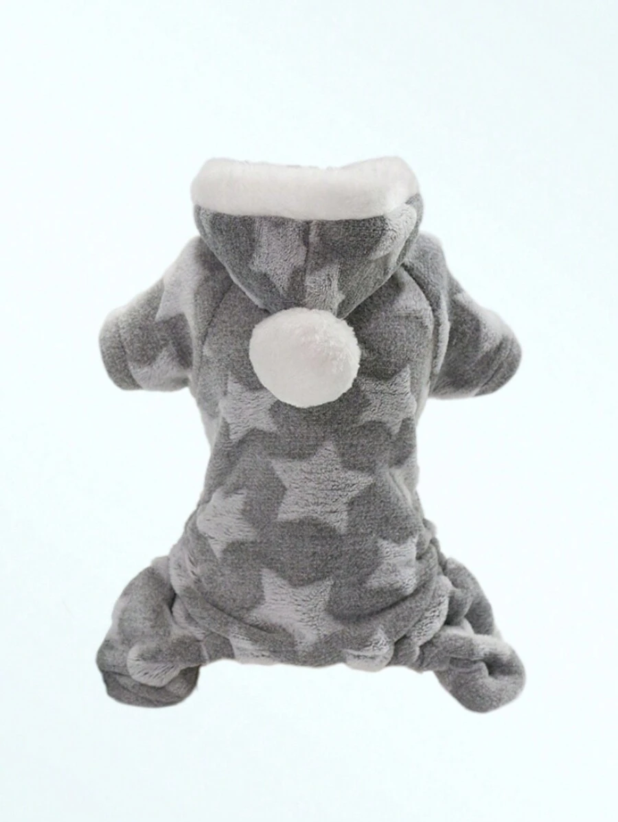 1pc Cat & Dog Coral Fleece Star Hooded Jumpsuit, Thickened And Warm Pet Homewear - Grey - View 1