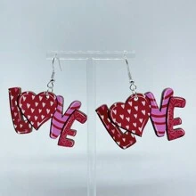 1對可愛卡通風格情人節粉色浪漫love豹紋圖案吊墜耳環木質珠寶禮物,情侶專屬 - 彩色 - 查看 7