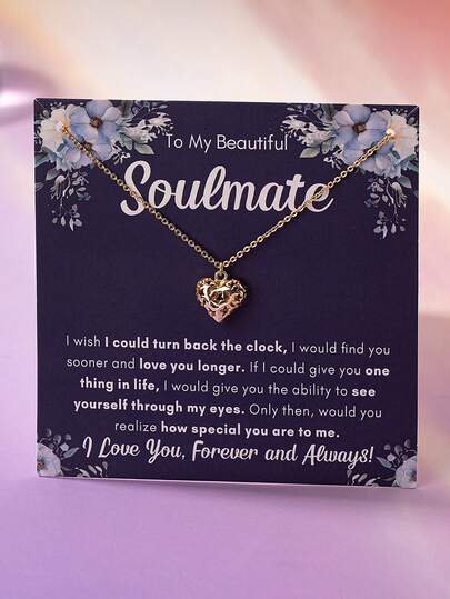 1件铜质镂空心形礼品卡包装精致吊坠项链，女士款，灵魂伴侣卡片情人节女儿生日珠宝礼物，送给闺蜜朋友的礼物