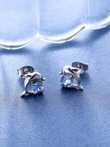 1pair Korean Style Exquisite Mini Dolphin Stud Earrings For Women, Sweet & Versatile Animal Zirconia Ear Jewelry - Multicolor - View 4