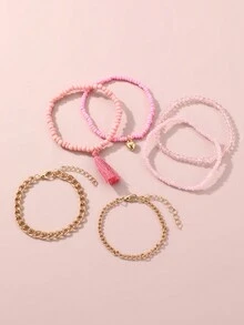 6入組女童珠子心形和流蘇鏈手鍊 - 彩色 - 查看 3