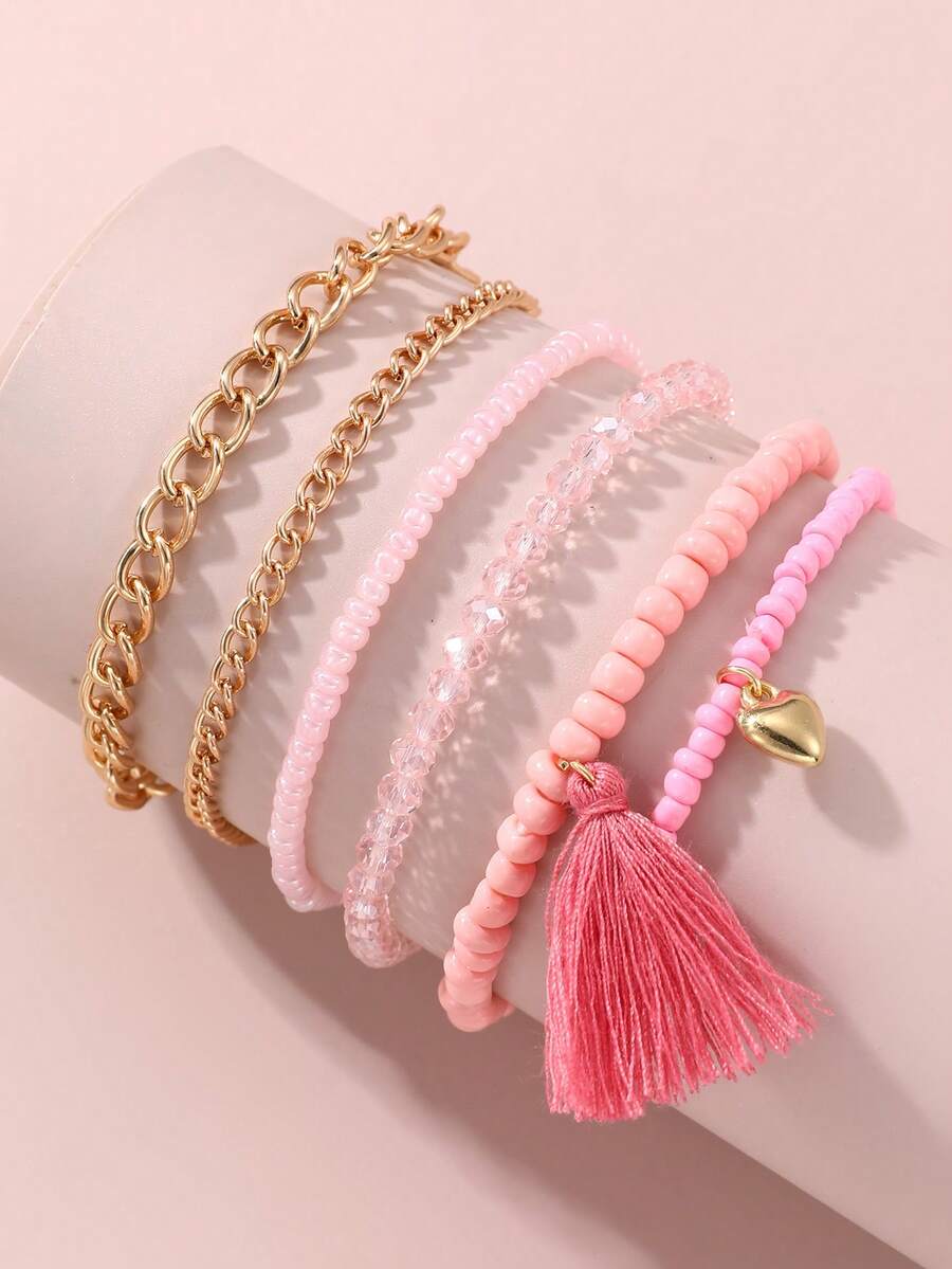 6入組女童珠子心形和流蘇鏈手鍊 - 彩色 - 查看 1