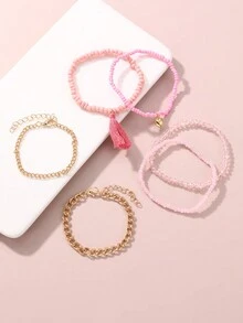 6入組女童珠子心形和流蘇鏈手鍊 - 彩色 - 查看 4