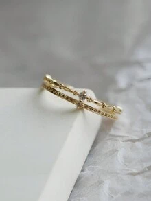 1入組時尚S925銀方晶鋯石戒指合適適用於女士日常穿著 - 金黃色 - 查看 7