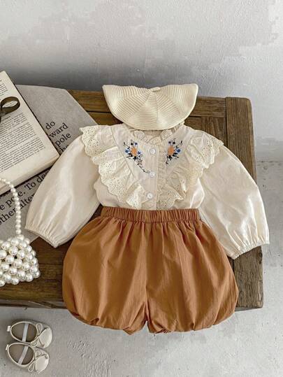 Spring And Autumn New Baby Clothing 0-3 Years Old Baby Girl Embroidered Lace Top + Solid Color Flower Pants 2-Piece Set
