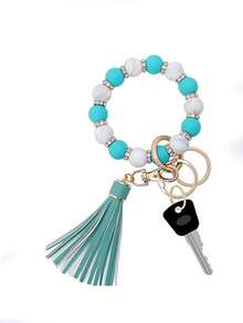 1pc Silicone Beaded Bracelet Keychain With Tassel Pendant For Women's Wrist, Key Ring Included - Blue - View 2