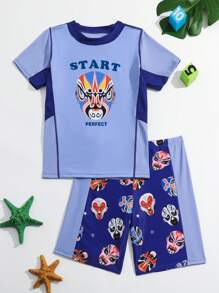 Tween Boys' 7-14 Years Old Folk Art 'perfect Start' Face Changing Print Two-Piece Swimwear Set - Royal Blue - View 1