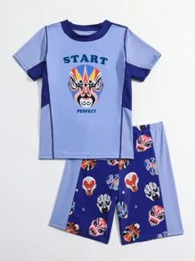 Tween Boys' 7-14 Years Old Folk Art 'perfect Start' Face Changing Print Two-Piece Swimwear Set - Royal Blue - View 3