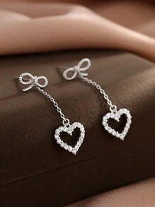 1對s925純銀蝴蝶結愛心釘耳環,新穎優雅罕見的帶流蘇耳飾適合女性日常使用,情人節禮物 - 心形 - 查看 1