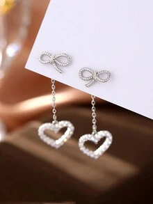 1對s925純銀蝴蝶結愛心釘耳環,新穎優雅罕見的帶流蘇耳飾適合女性日常使用,情人節禮物 - 心形 - 查看 3