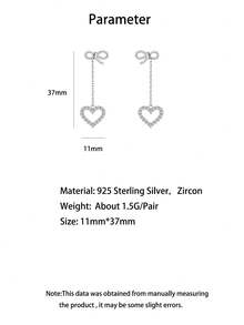 1對s925純銀蝴蝶結愛心釘耳環,新穎優雅罕見的帶流蘇耳飾適合女性日常使用,情人節禮物 - 心形 - 查看 6