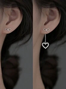 1對s925純銀蝴蝶結愛心釘耳環,新穎優雅罕見的帶流蘇耳飾適合女性日常使用,情人節禮物 - 心形 - 查看 4