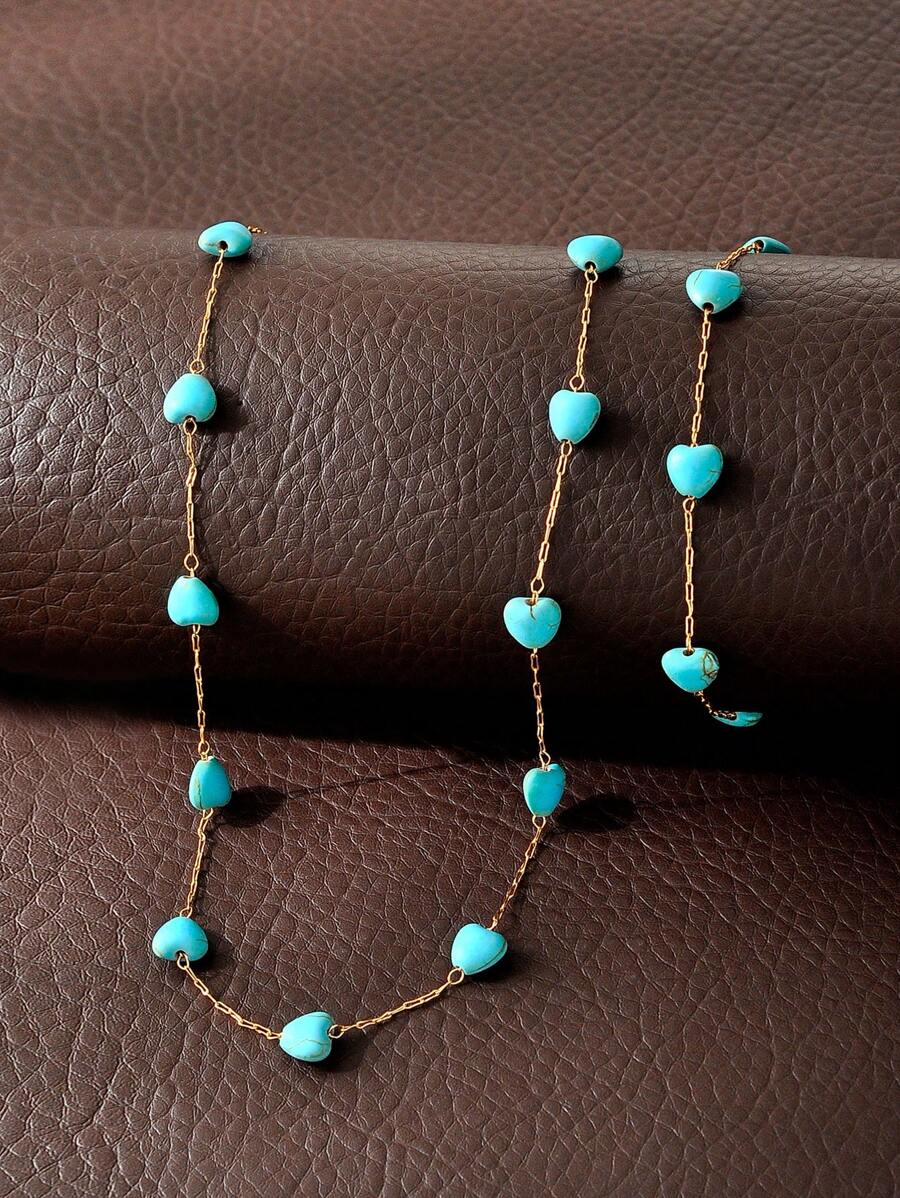 1pc Bracelet & 1pc Necklace Fashionable Bohemian Style Heart Stone Decorated Multi-Layered Chain Jewelry Set Suitable For Women's Vacation, Date, Party, Holiday Gifts And Daily Wear - Love Stone Model - View 1