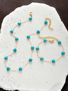 1pc Bracelet & 1pc Necklace Fashionable Bohemian Style Heart Stone Decorated Multi-Layered Chain Jewelry Set Suitable For Women's Vacation, Date, Party, Holiday Gifts And Daily Wear - Love Stone Model - View 3