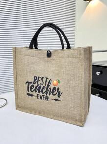 1入裝字母印花卡其粗麻布扣子設計時尚休閒簡約大容量手提袋,適合女性在外使用 - 卡其色 - 查看 5
