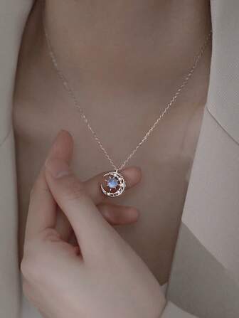 BALMORA 1入法式ins風格s925銀幻想藍色星空和月光石吊墜項鍊,適用於日常佩戴和作為女性禮物